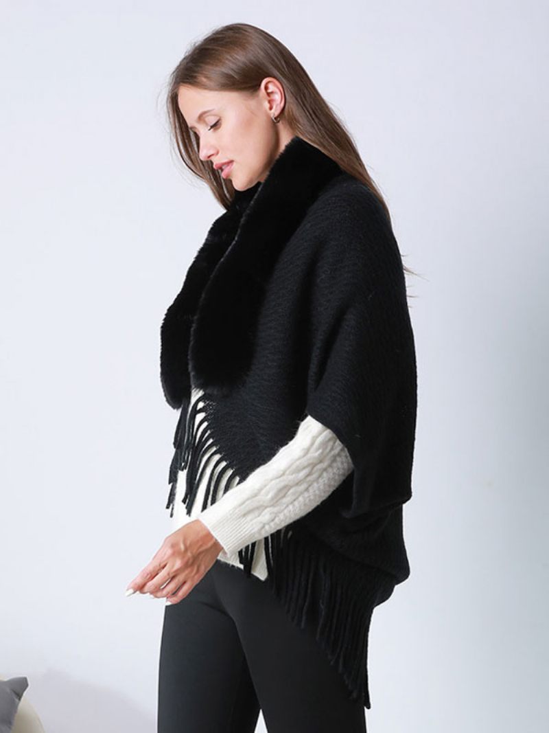 Cape Surdimensionnée À Franges Et Manches Poncho Fausse Fourrure Pour Femme - Noir