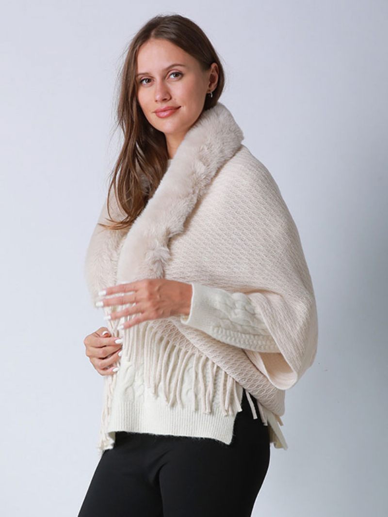 Cape Surdimensionnée À Franges Et Manches Poncho Fausse Fourrure Pour Femme - Blanc