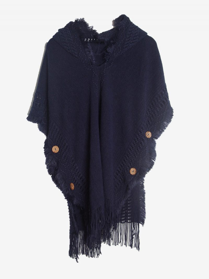 Cape Tricot Surdimensionnée À Capuche Et Franges Pour Femmes - Marine Foncé