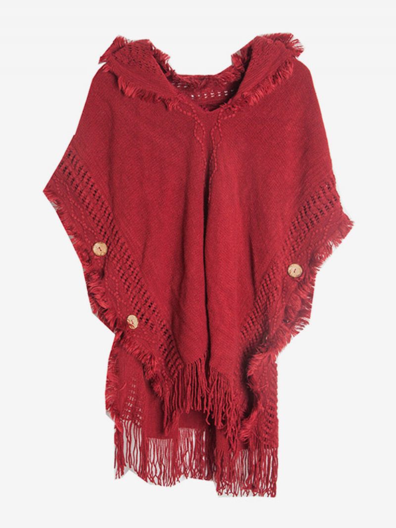 Cape Tricot Surdimensionnée À Capuche Et Franges Pour Femmes - Rouge