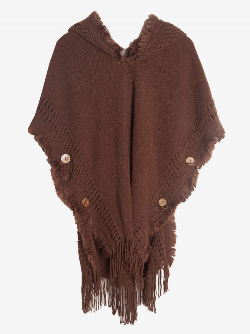 Cape Tricot Surdimensionnée À Capuche Et Franges Pour Femmes - Marron Café