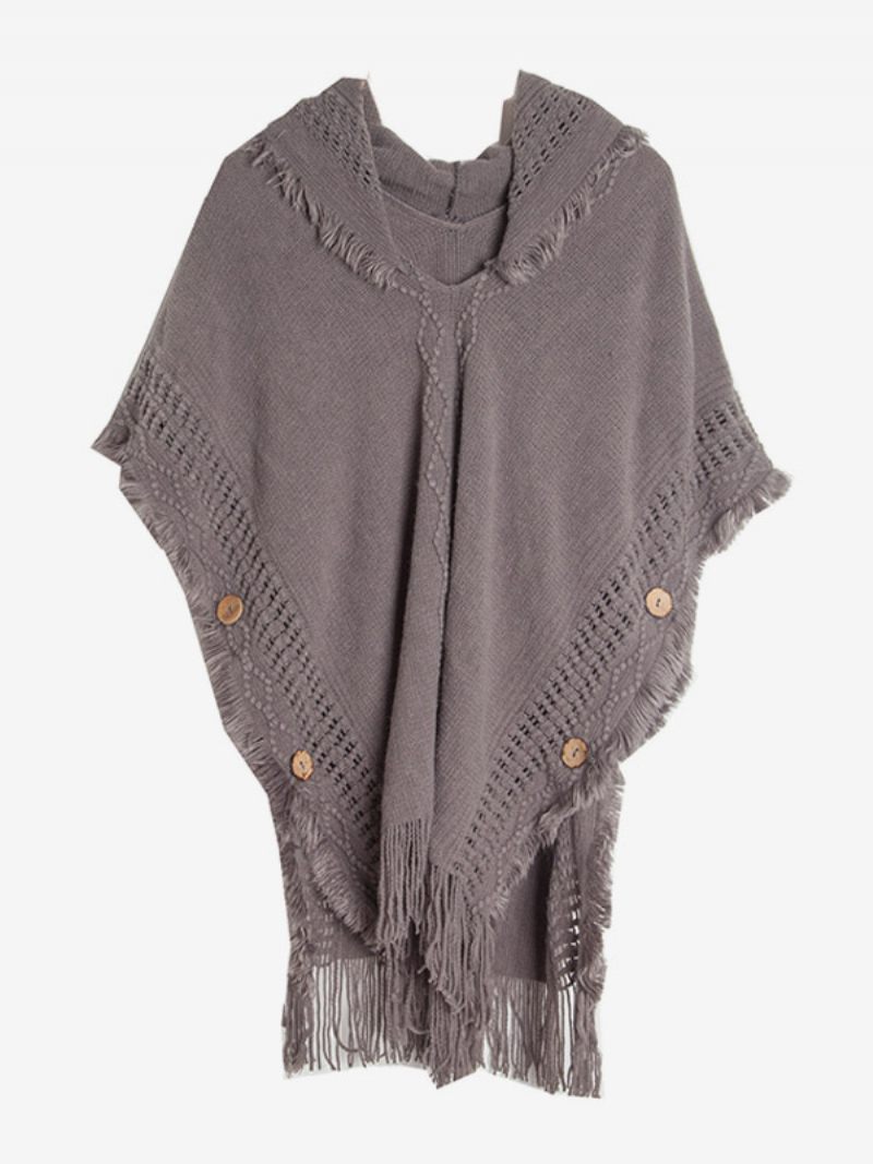 Cape Tricot Surdimensionnée À Capuche Et Franges Pour Femmes - Gris