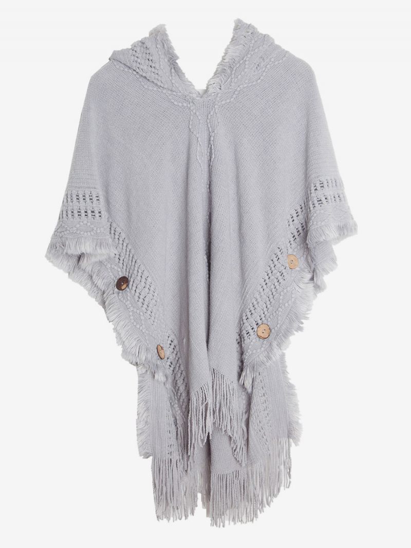 Cape Tricot Surdimensionnée À Capuche Et Franges Pour Femmes - Gris Clair