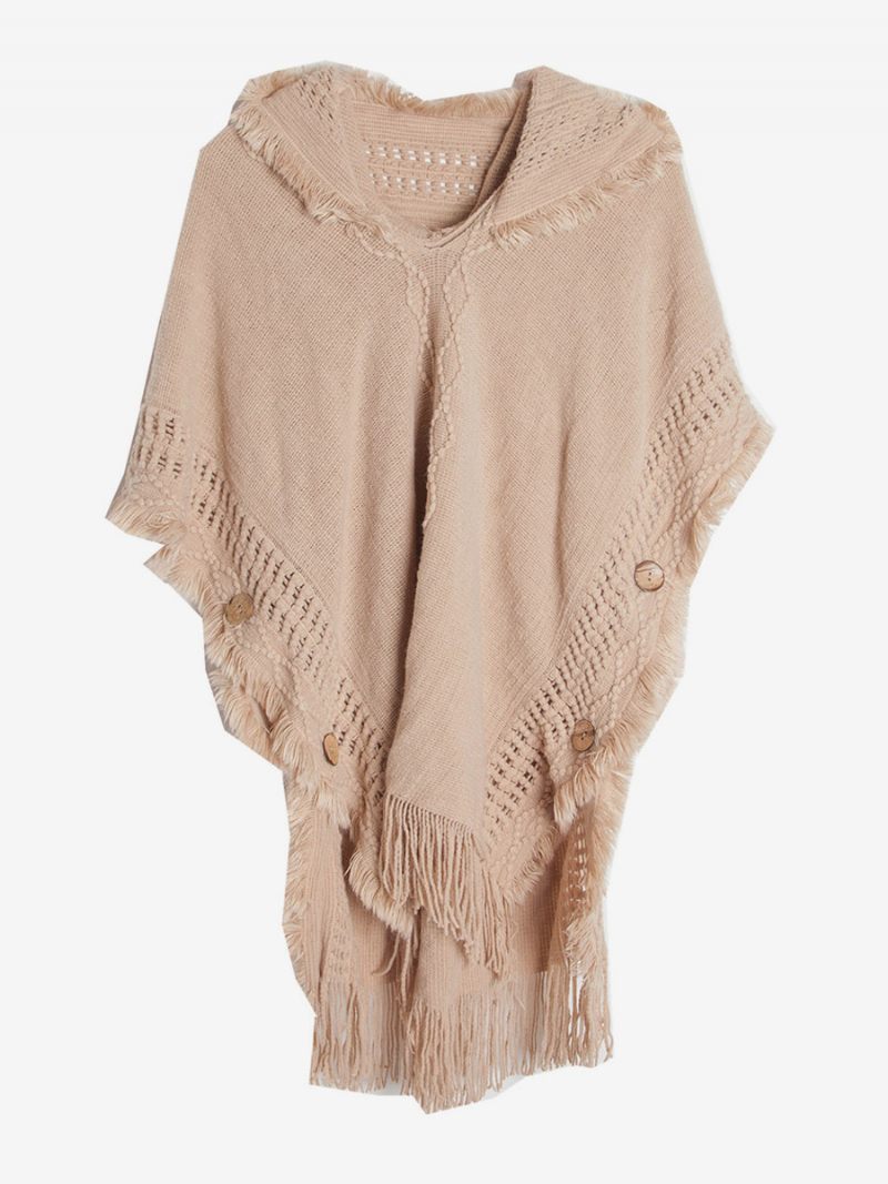 Cape Tricot Surdimensionnée À Capuche Et Franges Pour Femmes - Camel