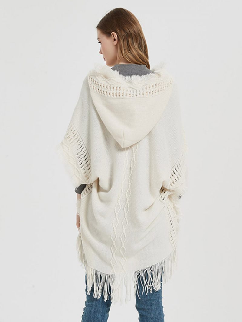 Cape Tricot Surdimensionnée À Capuche Et Franges Pour Femmes - Beige