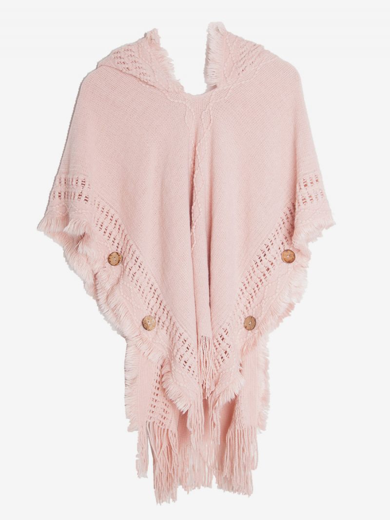 Cape Tricot Surdimensionnée À Capuche Et Franges Pour Femmes - Rose