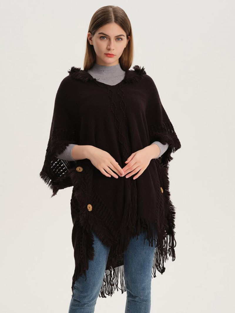 Cape Tricot Surdimensionnée À Capuche Et Franges Pour Femmes - Noir