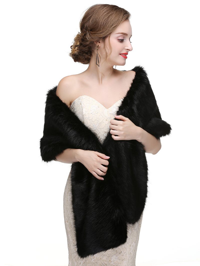 Châle Mariage Fausse Fourrure Pour Femme Couverture Chaude D'hiver Mariée - Noir