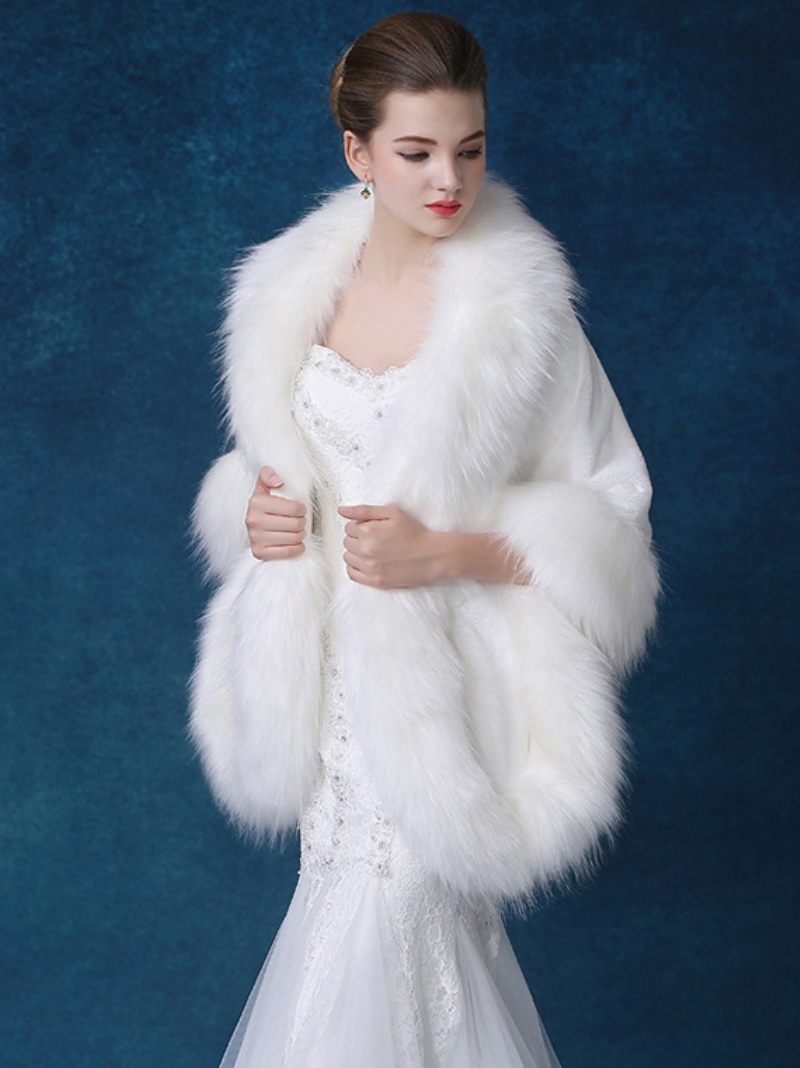 Châle Mariage Fausse Fourrure Pour Femme Couverture D'hiver Blanche Mariée - Blanc