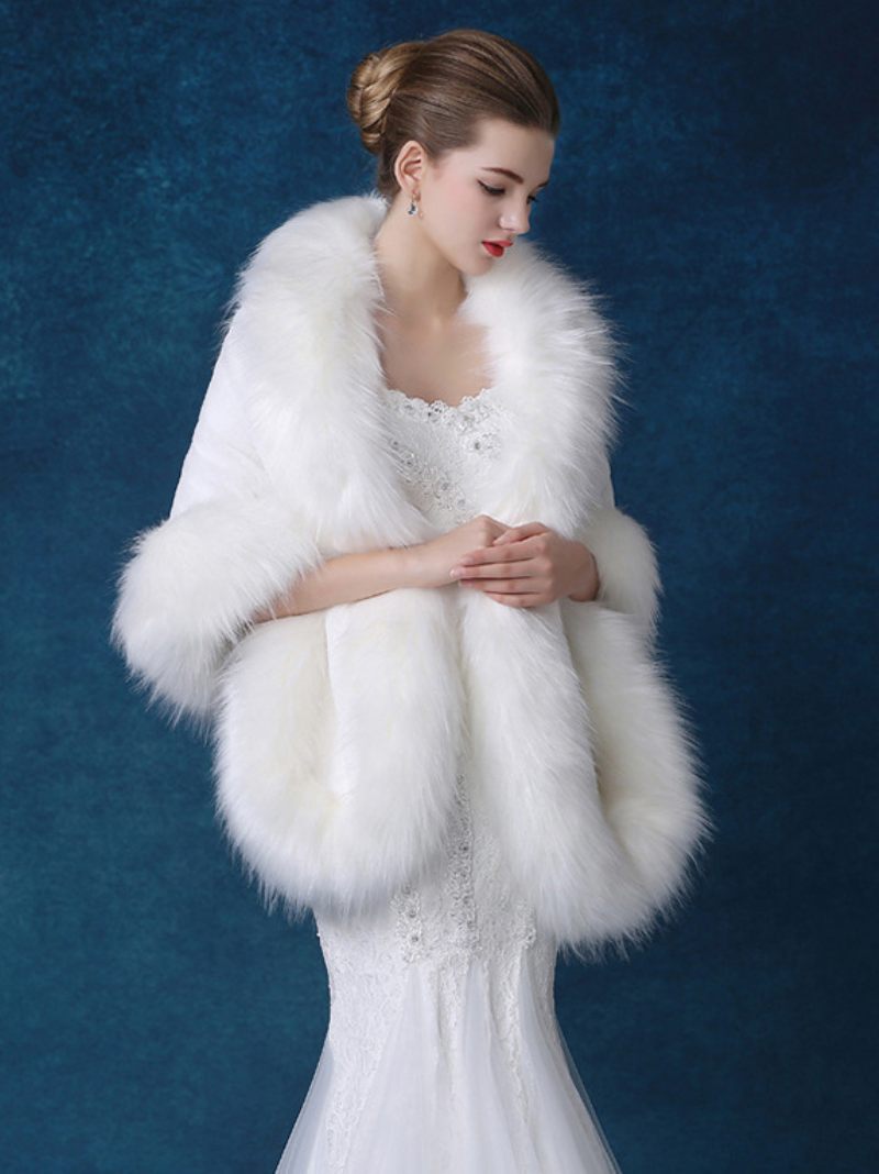 Châle Mariage Fausse Fourrure Pour Femme Couverture D'hiver Blanche Mariée - Blanc