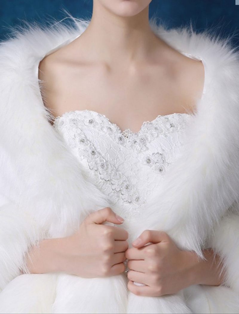 Châle Mariage Fausse Fourrure Pour Femme Couverture D'hiver Blanche Mariée - Blanc