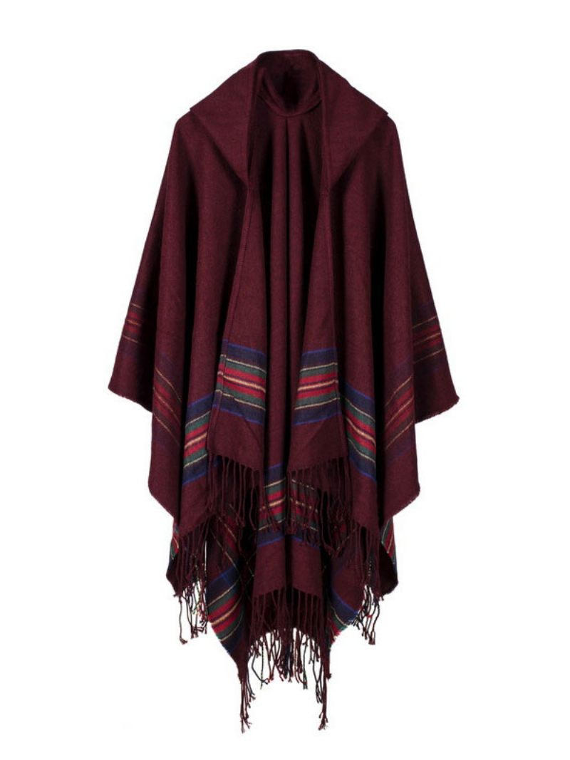 Châle Wrap Bohème À Capuchon Fringe Poncho Cardigan Cape Pour Les Femmes - Bordeaux