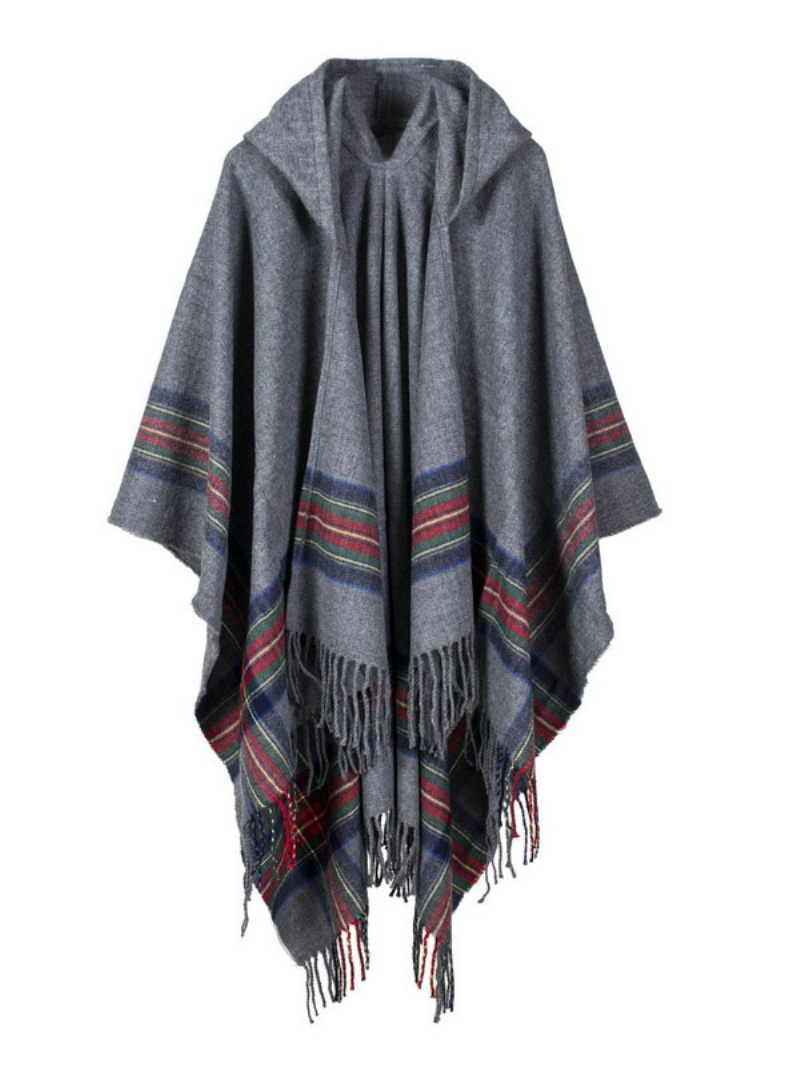 Châle Wrap Bohème À Capuchon Fringe Poncho Cardigan Cape Pour Les Femmes - Gris