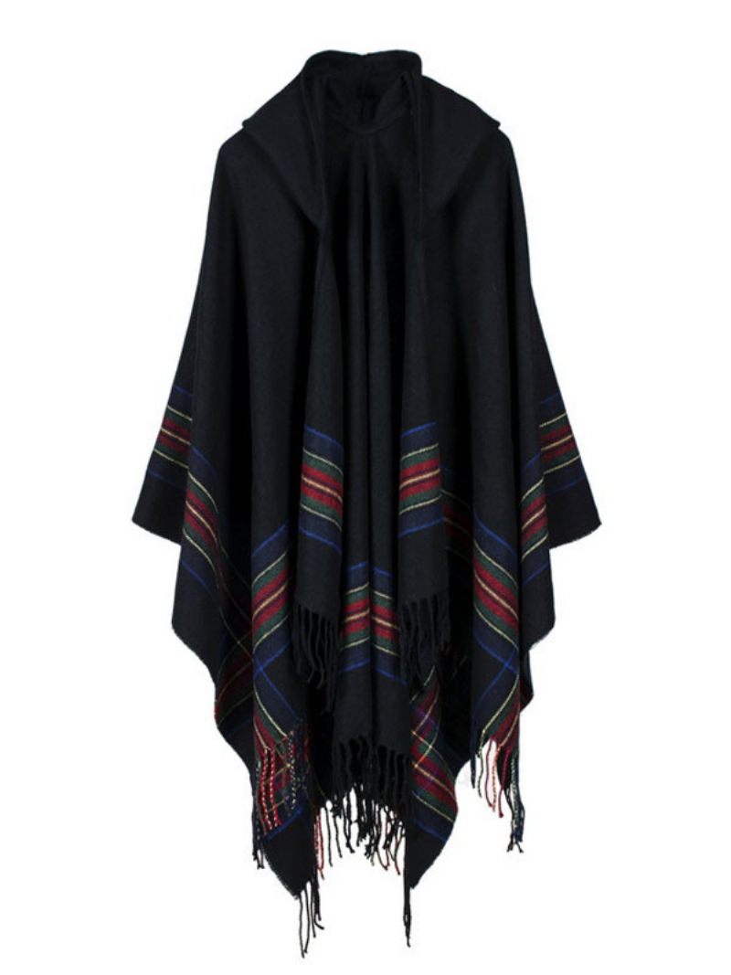 Châle Wrap Bohème À Capuchon Fringe Poncho Cardigan Cape Pour Les Femmes - Noir