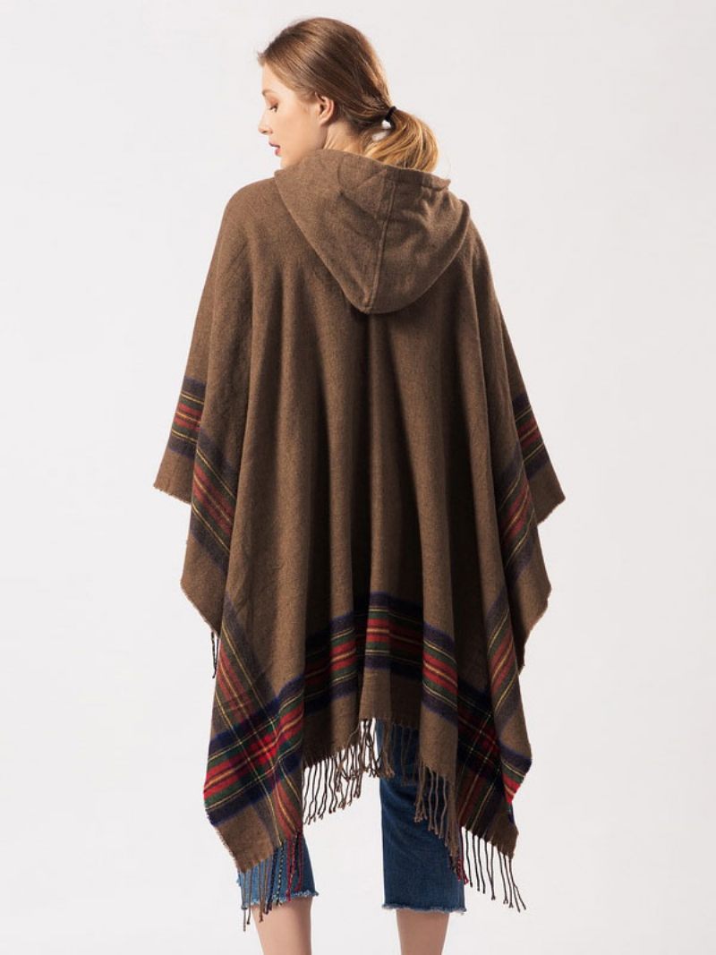 Châle Wrap Bohème À Capuchon Fringe Poncho Cardigan Cape Pour Les Femmes - Kaki