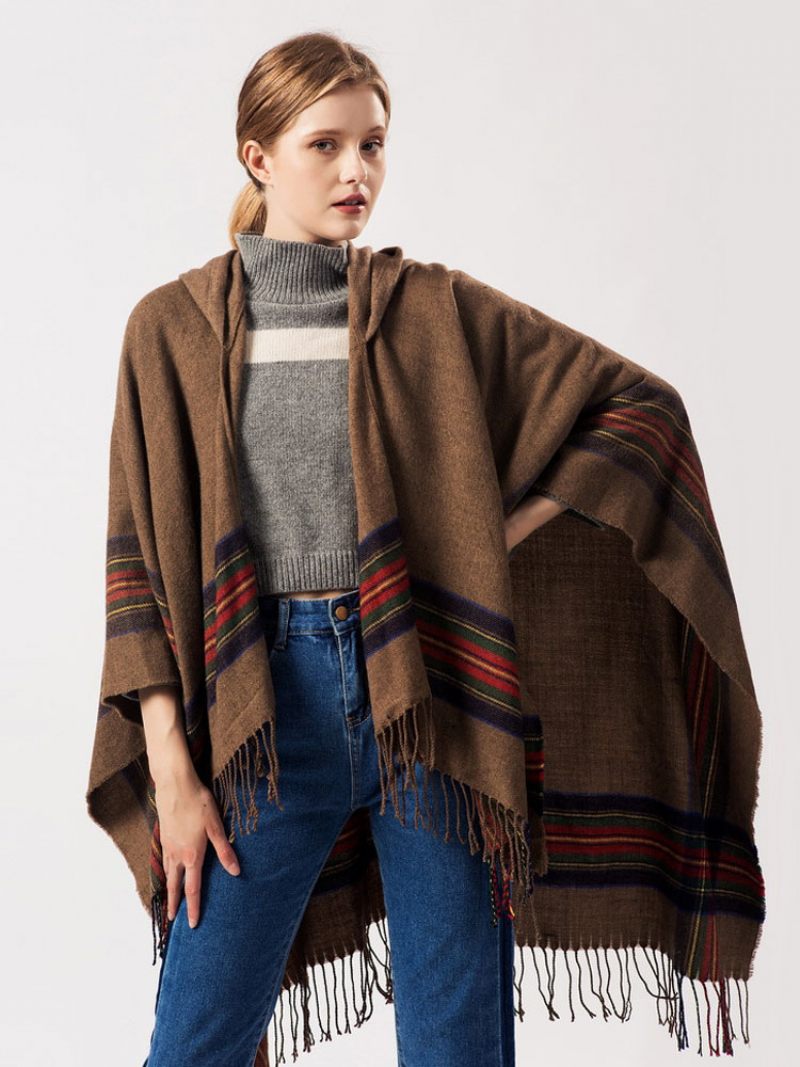 Châle Wrap Bohème À Capuchon Fringe Poncho Cardigan Cape Pour Les Femmes - Kaki