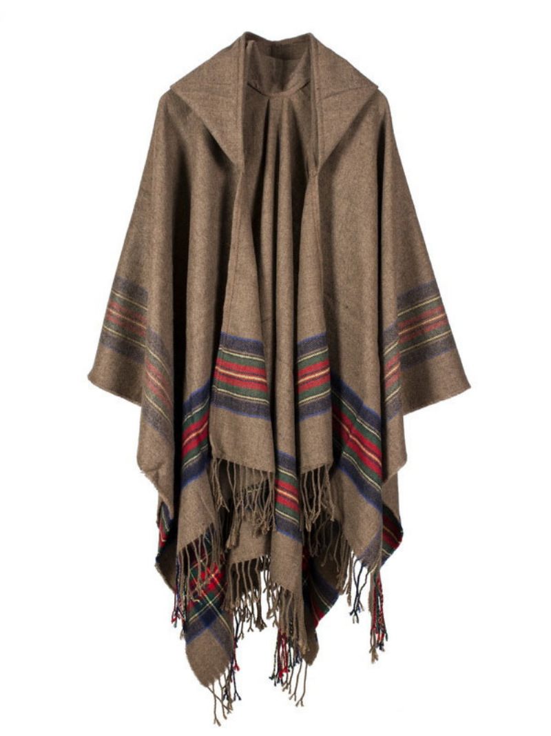 Châle Wrap Bohème À Capuchon Fringe Poncho Cardigan Cape Pour Les Femmes - Kaki