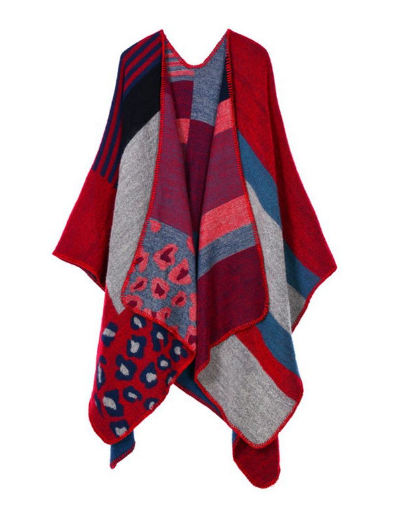 Châle Wrap Plaid Bohème Imprimé Printemps Cardigan Cape Pour Femme - Rouge