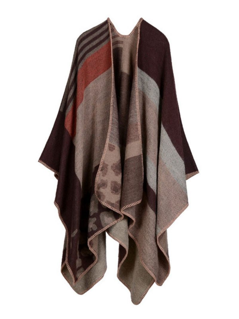 Châle Wrap Plaid Bohème Imprimé Printemps Cardigan Cape Pour Femme - Marron Café