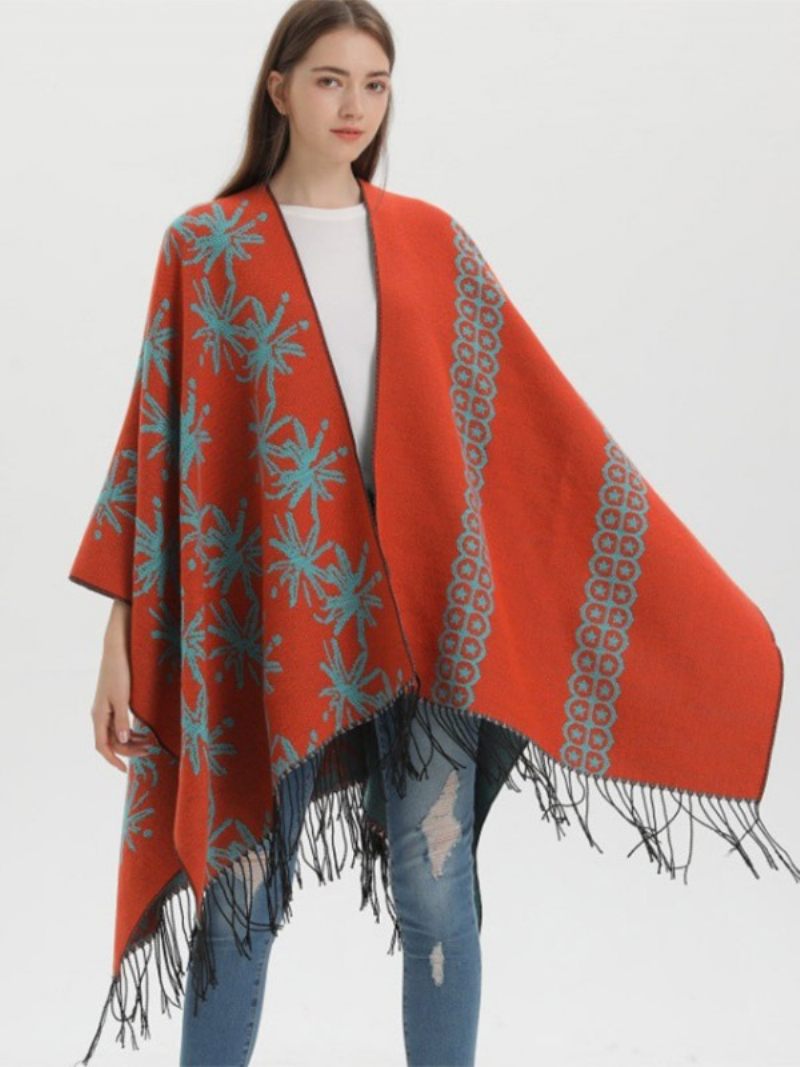 Femmes Cape Color Block Surdimensionné Style Ethnique Automne Hiver Poncho - Orange