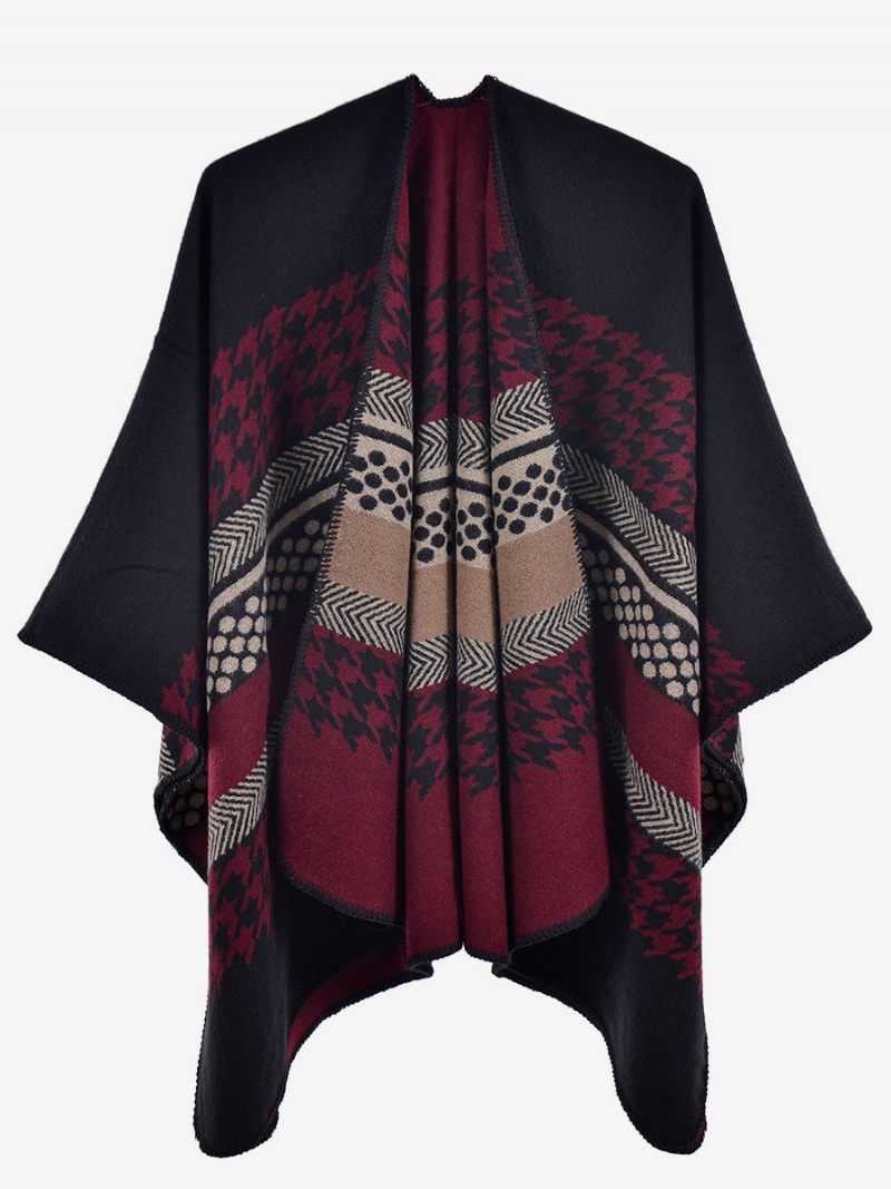 Femmes Cape Plaid Color Block Quotidien Casual Automne Hiver Poncho - Bourgogne