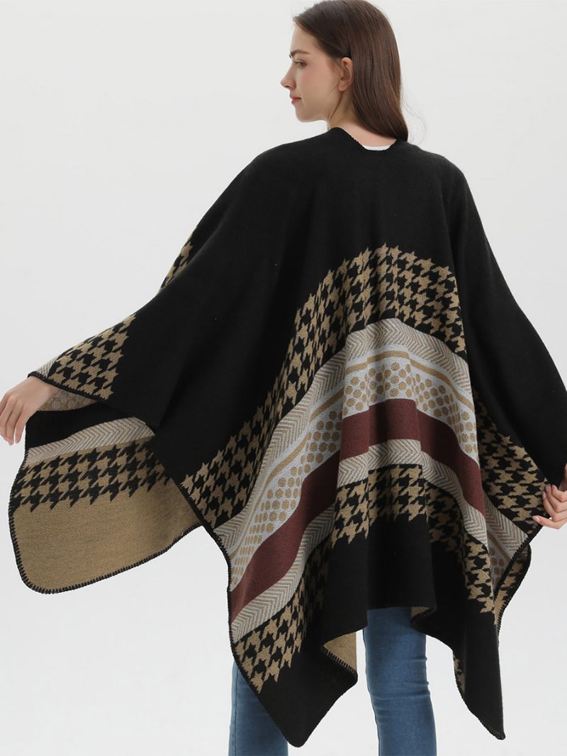 Femmes Cape Plaid Color Block Quotidien Casual Automne Hiver Poncho - Noir