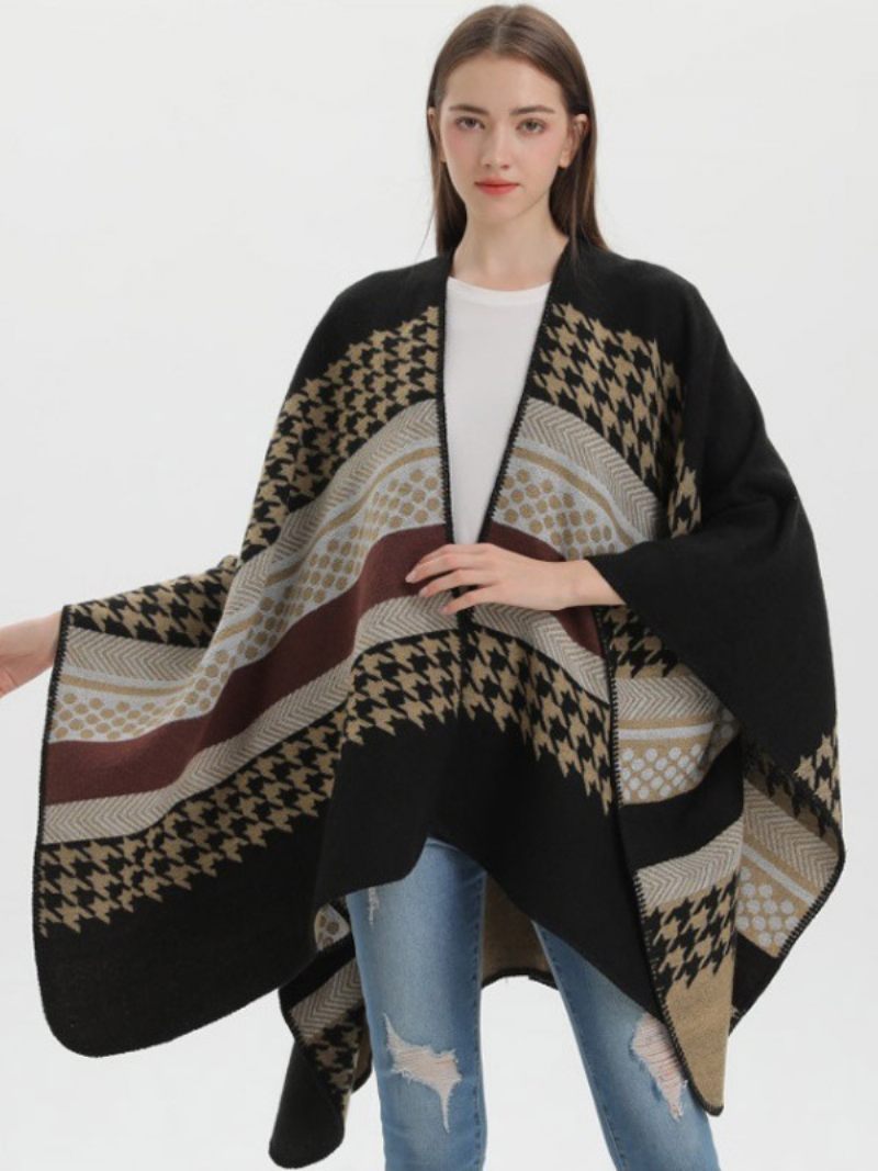 Femmes Cape Plaid Color Block Quotidien Casual Automne Hiver Poncho - Noir