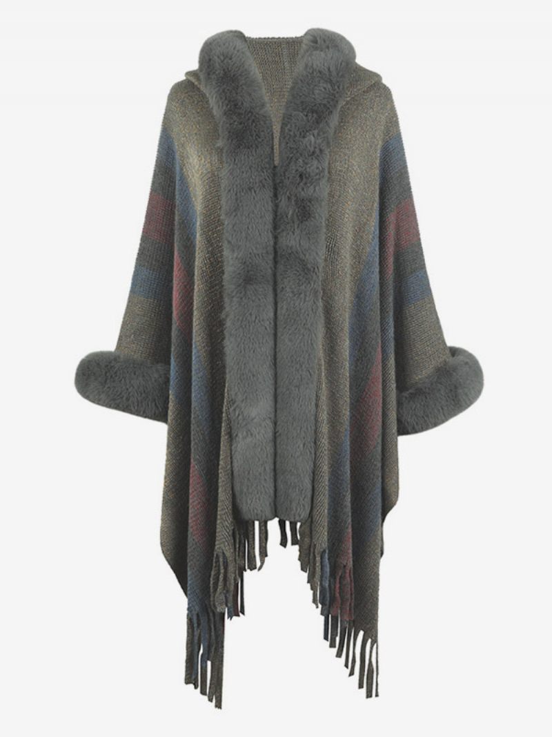 Femmes Poncho À Capuche Rayures Gland Garniture Surdimensionné Automne Hiver Cape - Gris