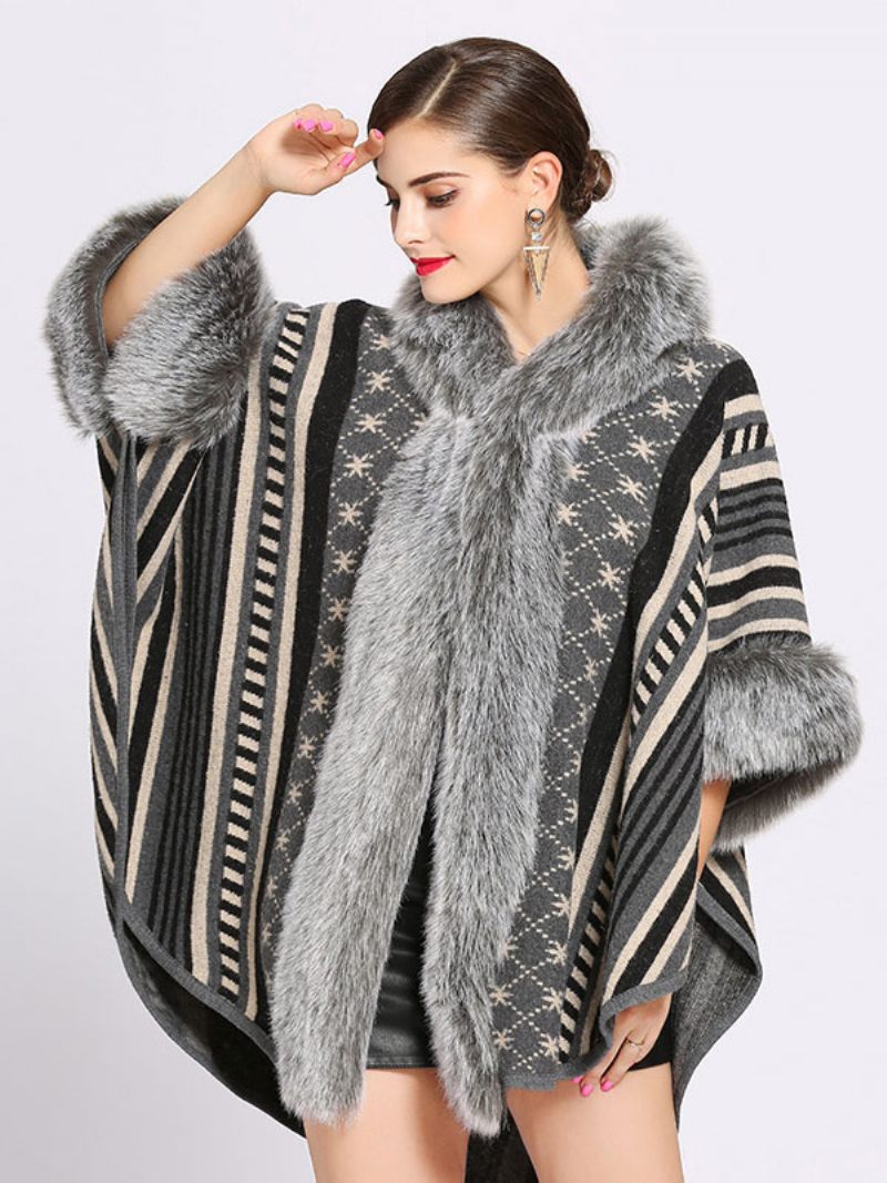 Manteau Cape À Capuche Poncho Pour Femme Vêtement D'extérieur Chaud D'hiver 2024 - Gris Foncé