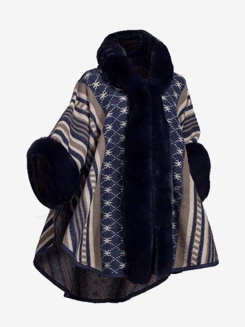 Manteau Cape À Capuche Poncho Pour Femme Vêtement D'extérieur Chaud D'hiver 2024 - Marine Foncé