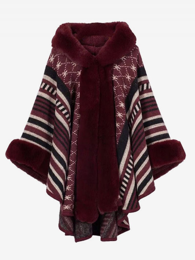 Manteau Cape À Capuche Poncho Pour Femme Vêtement D'extérieur Chaud D'hiver 2024 - Bourgogne