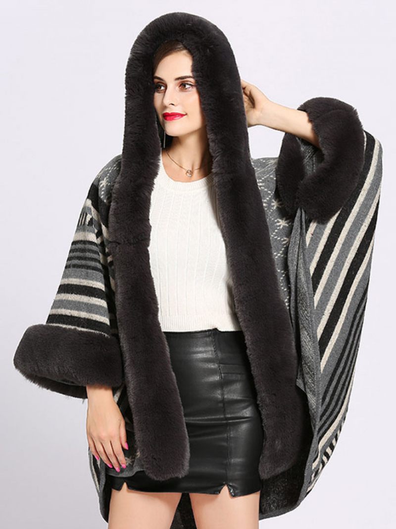 Manteau Cape À Capuche Poncho Pour Femme Vêtement D'extérieur Chaud D'hiver 2024 - Noir