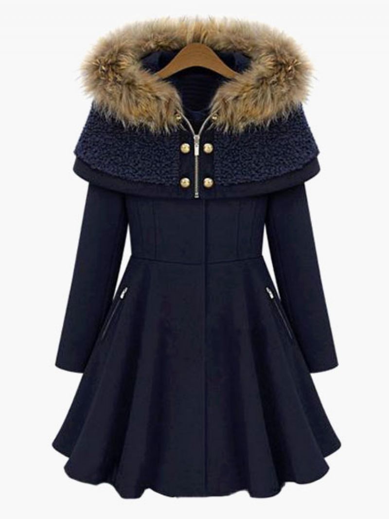 Manteau D'hiver Pour Femme Cape À Capuche Poncho Fausse Fourrure Vêtements D'extérieur - Bleu Profond