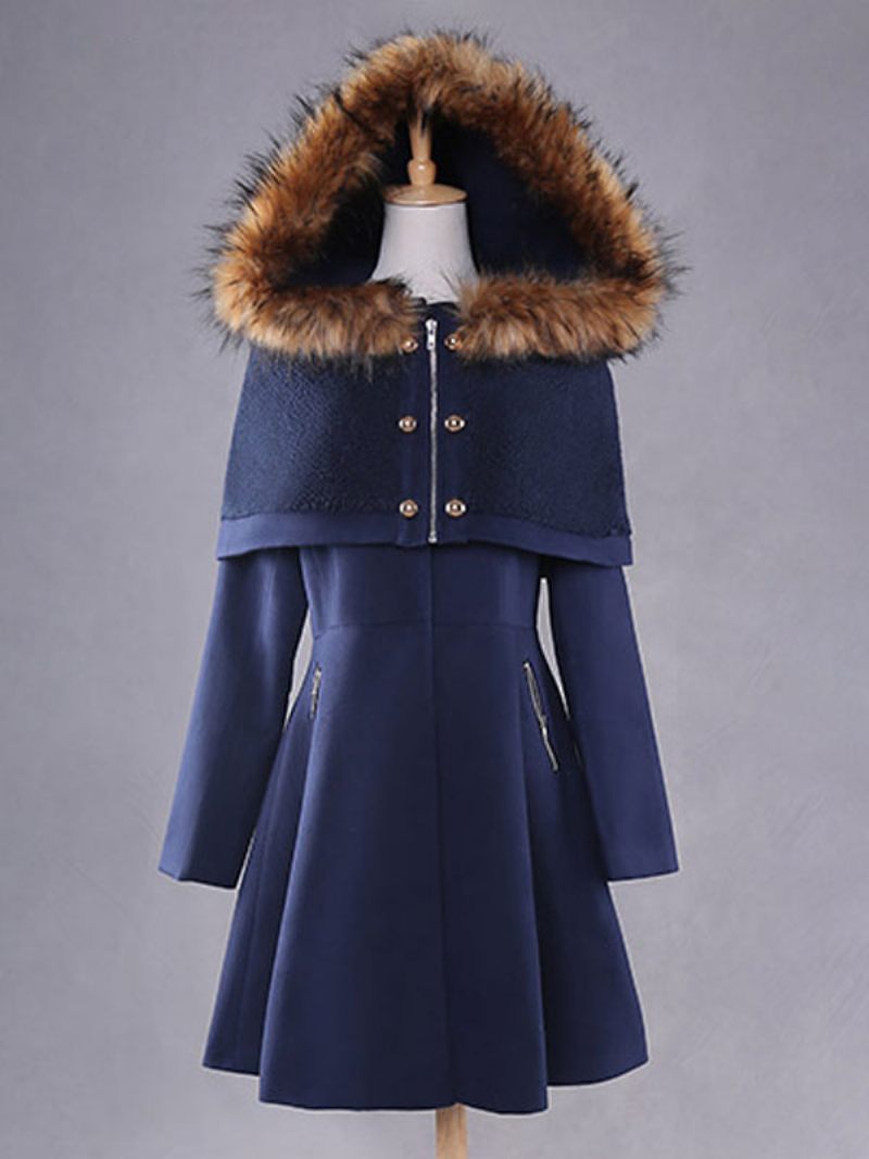 Manteau D'hiver Pour Femme Cape À Capuche Poncho Fausse Fourrure Vêtements D'extérieur - Bleu Profond