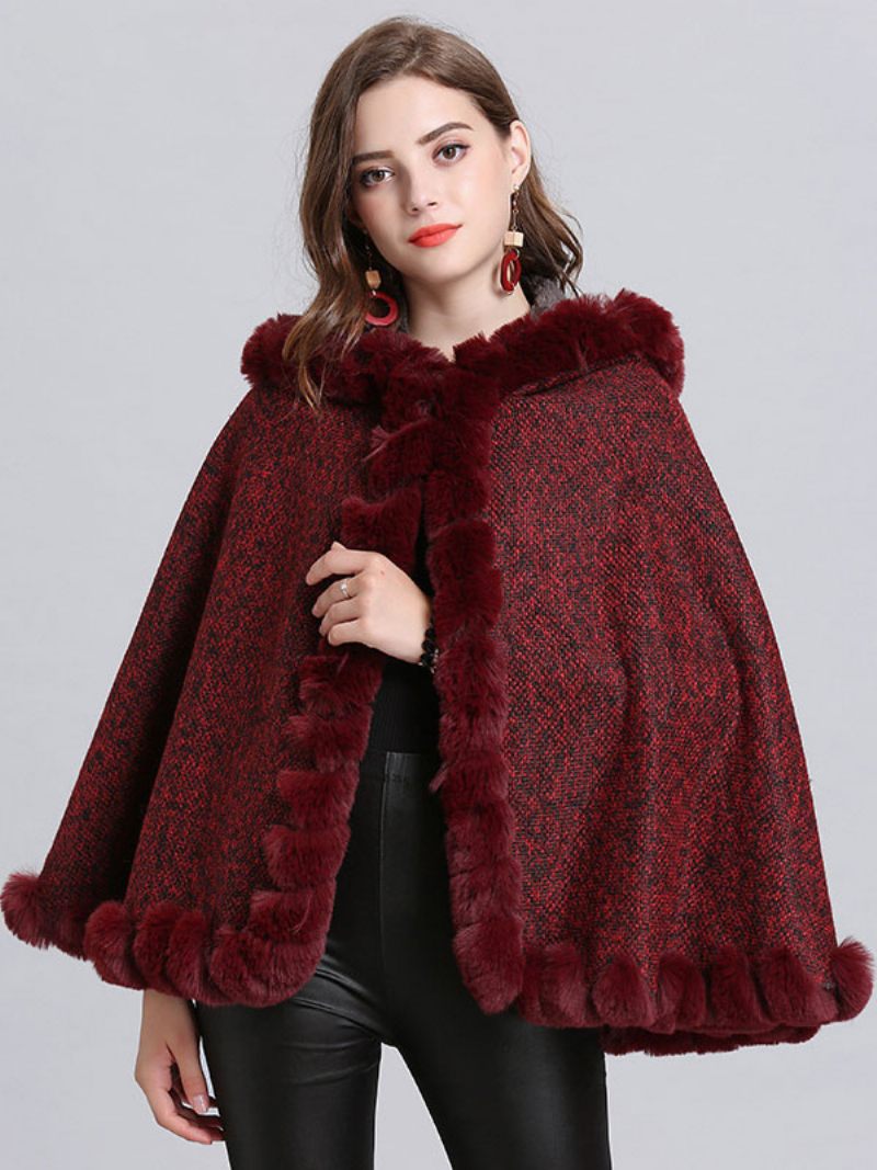 Manteau Poncho À Capuche Bordeaux Pour Femme Vêtement D'extérieur D'hiver 2024