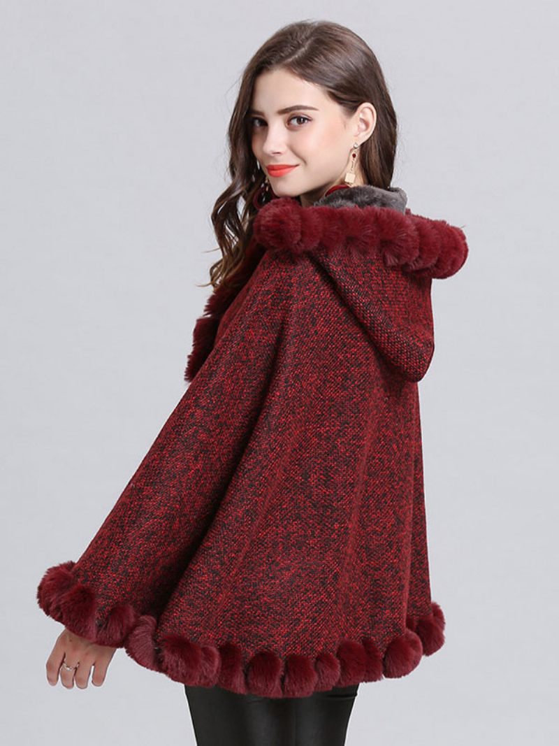 Manteau Poncho À Capuche Bordeaux Pour Femme Vêtement D'extérieur D'hiver 2024 - Bourgogne