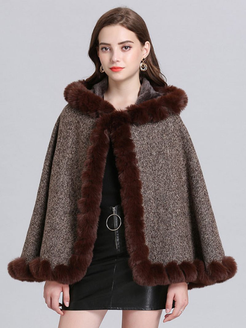 Manteau Poncho À Capuche Bordeaux Pour Femme Vêtement D'extérieur D'hiver 2024 - Marron Café