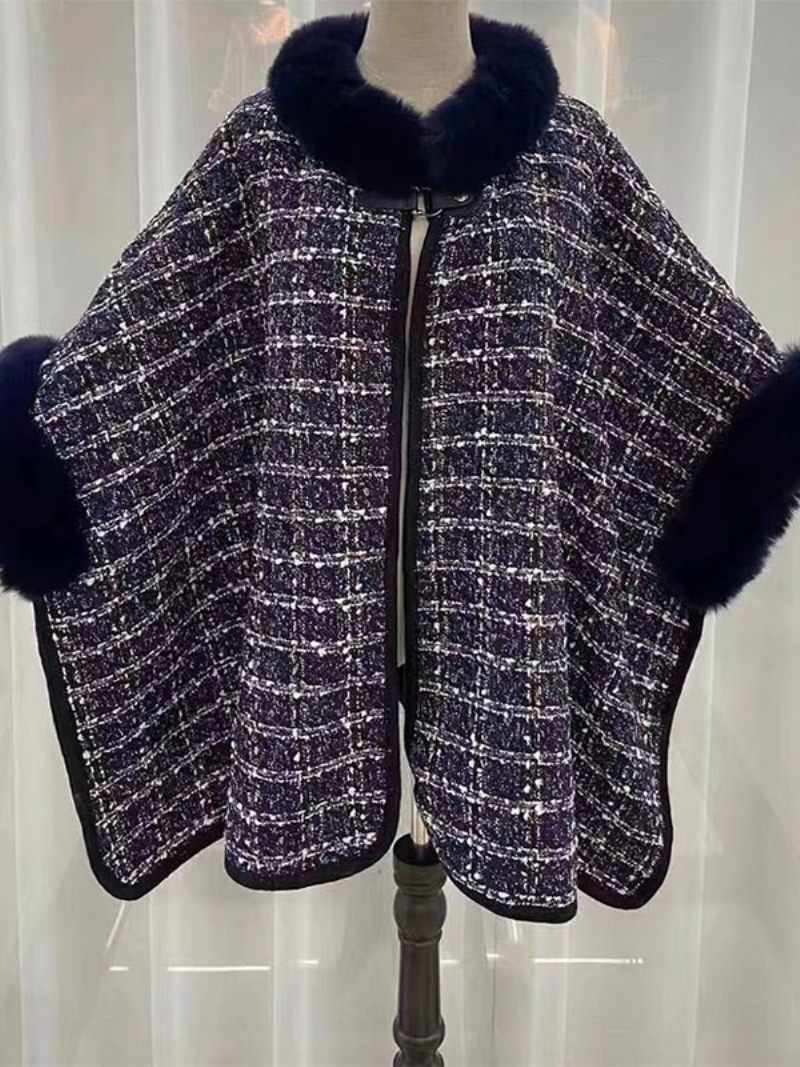 Manteau Poncho À Carreaux Pour Femmes Cape Vêtements D'extérieur Printemps 2024 - Marine Foncé