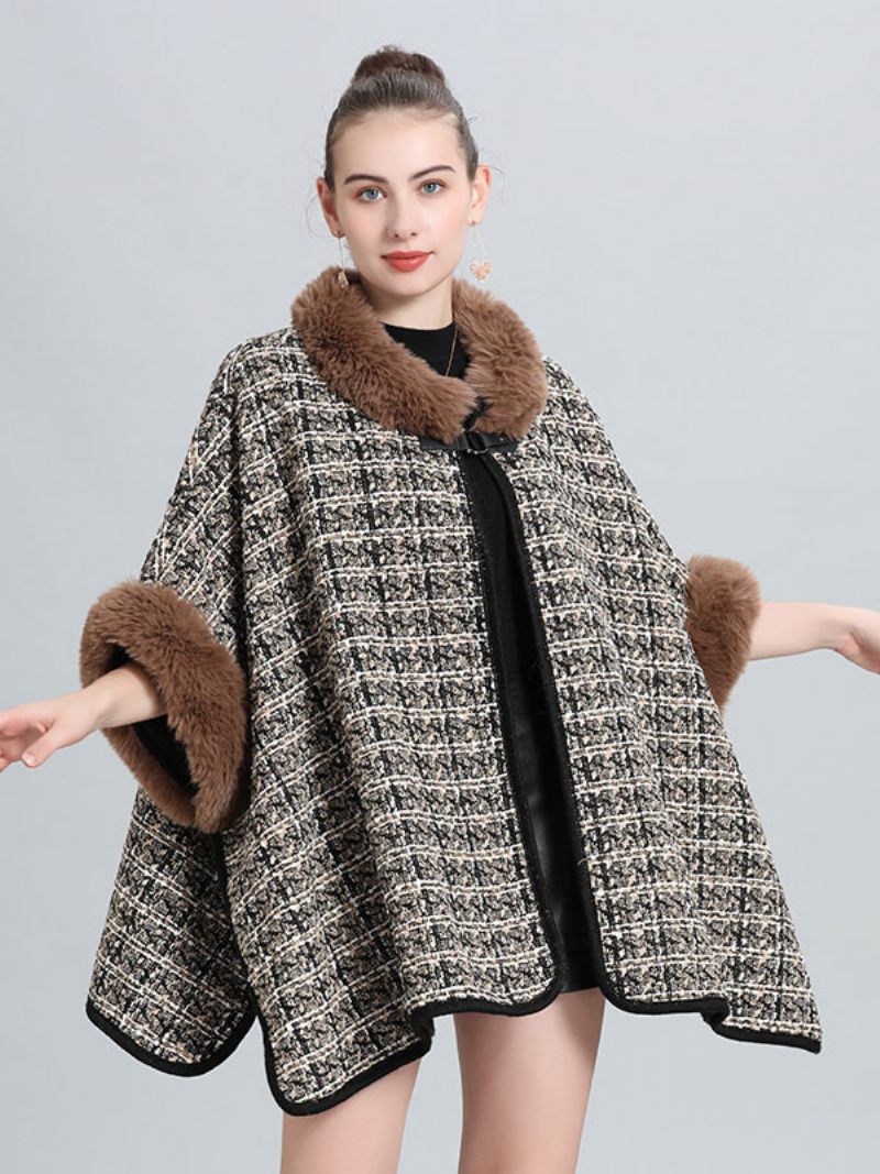 Manteau Poncho À Carreaux Pour Femmes Cape Vêtements D'extérieur Printemps 2024 - Marron Café