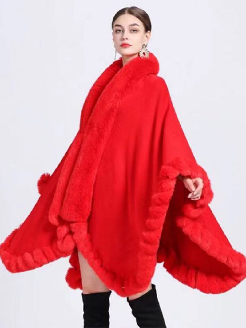 Manteau Poncho Fausse Fourrure Pour Femme Vêtement D'extérieur D'hiver 2024 - Rouge