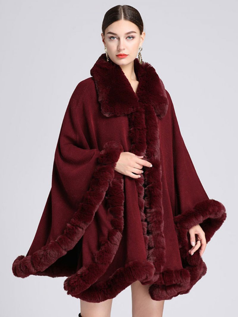 Manteau Poncho Femme Cape Fausse Fourrure Vêtements D'extérieur D'hiver 2024 - Bourgogne