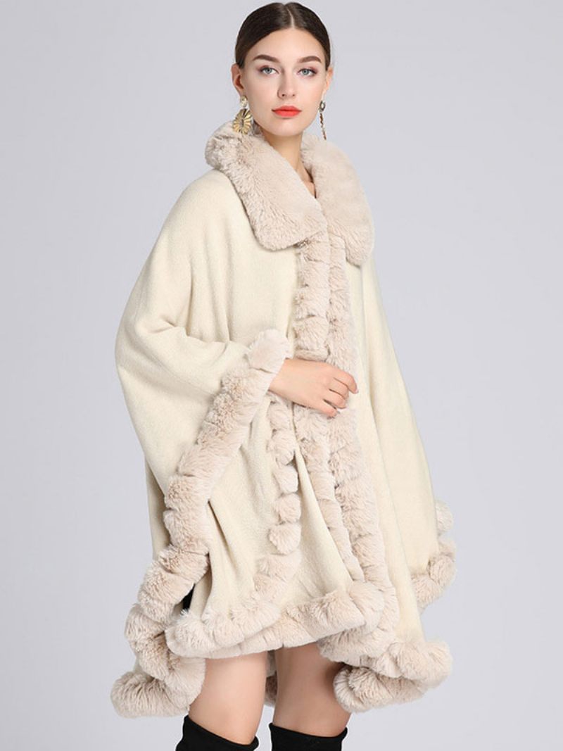 Manteau Poncho Femme Cape Fausse Fourrure Vêtements D'extérieur D'hiver 2024 - Beige