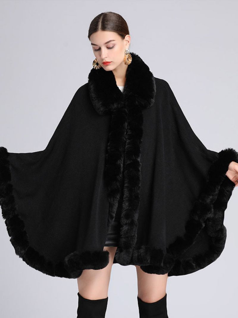 Manteau Poncho Femme Cape Fausse Fourrure Vêtements D'extérieur D'hiver 2024 - Noir