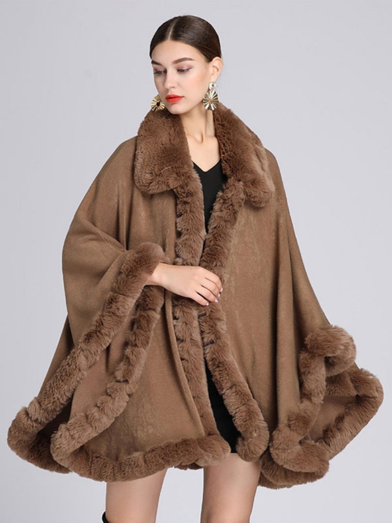 Manteau Poncho Femme Cape Fausse Fourrure Vêtements D'extérieur D'hiver 2024 - Kaki