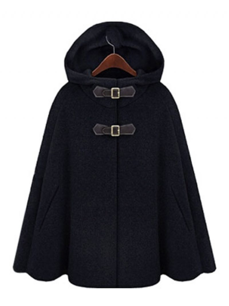 Manteau Poncho Femme À Capuche Surdimensionné Gris Vêtements D'extérieur D'hiver - Noir