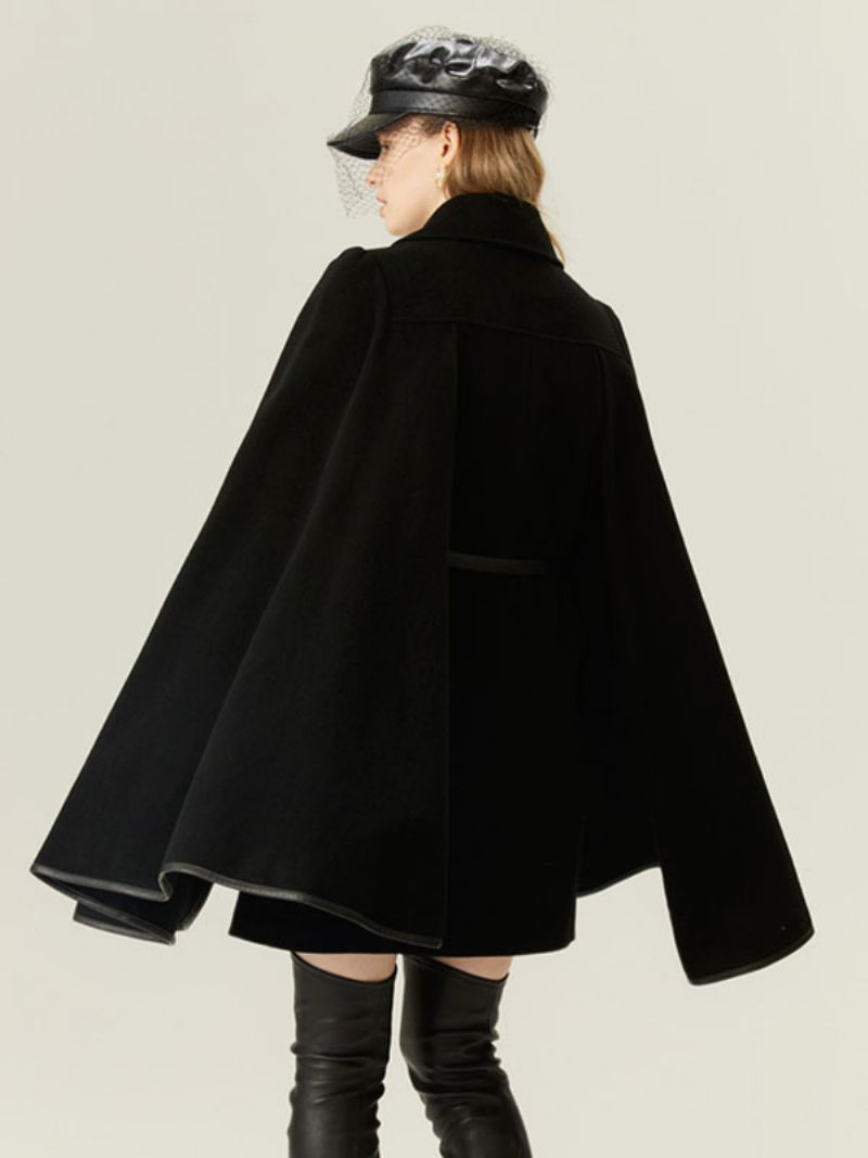 Manteau Poncho Laine Cape À Double Boutonnage Ceinture Avec Chaîne Vêtements D'extérieur Pour Femmes - Noir