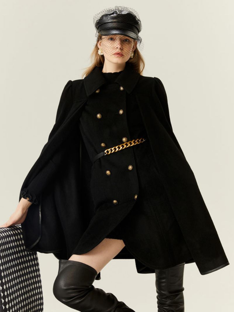 Manteau Poncho Laine Cape À Double Boutonnage Ceinture Avec Chaîne Vêtements D'extérieur Pour Femmes - Noir