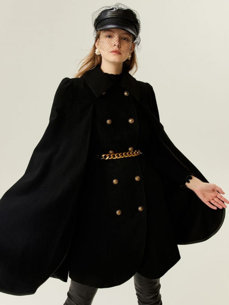 Manteau Poncho Laine Cape À Double Boutonnage Ceinture Avec Chaîne Vêtements D'extérieur Pour Femmes - Noir