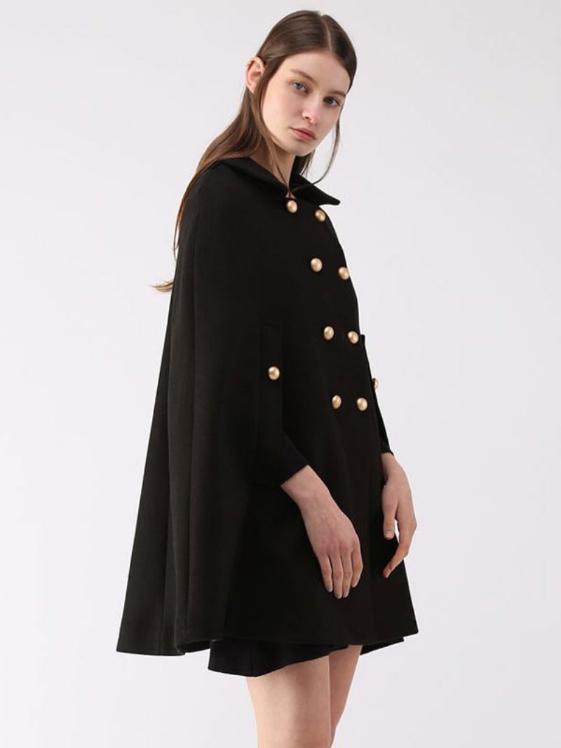 Manteau Poncho Laine Cape À Double Boutonnage Vêtements D'extérieur D'hiver Pour Femmes - Noir