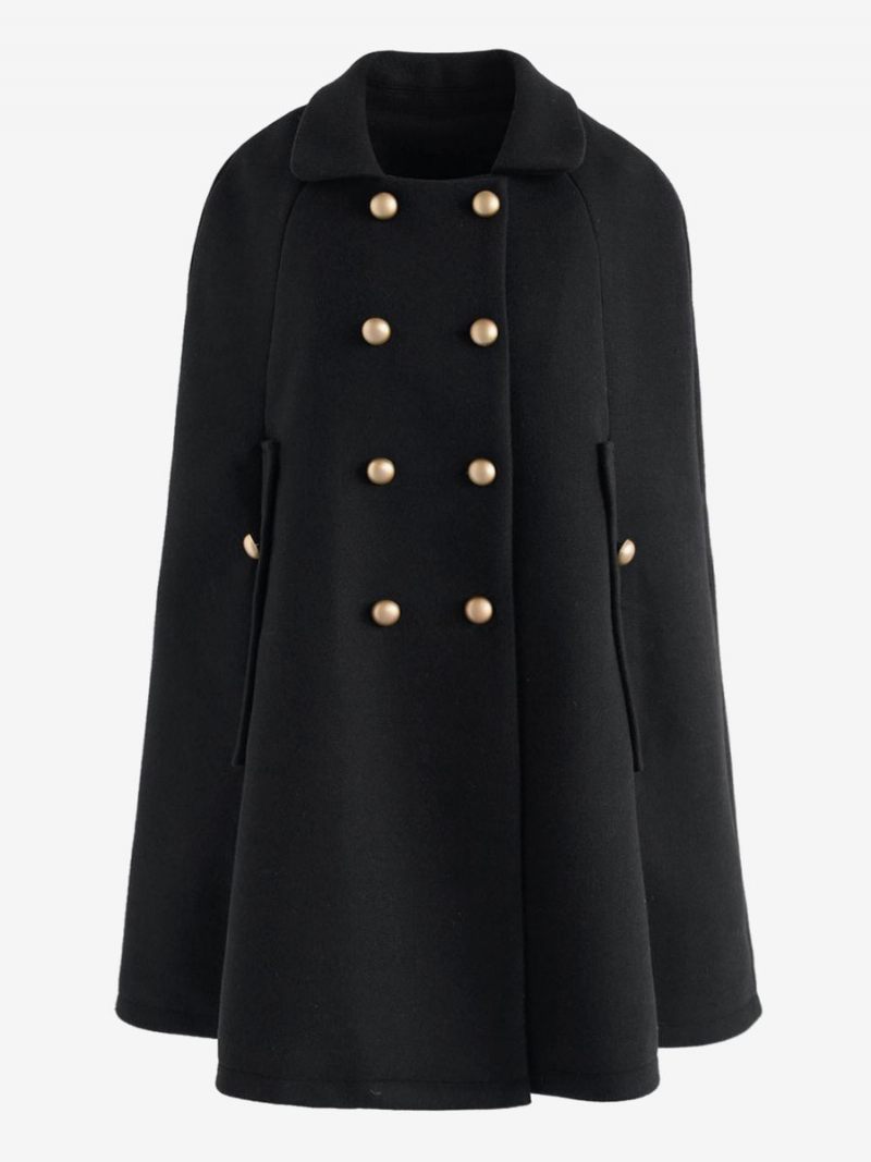 Manteau Poncho Laine Cape À Double Boutonnage Vêtements D'extérieur D'hiver Pour Femmes - Noir